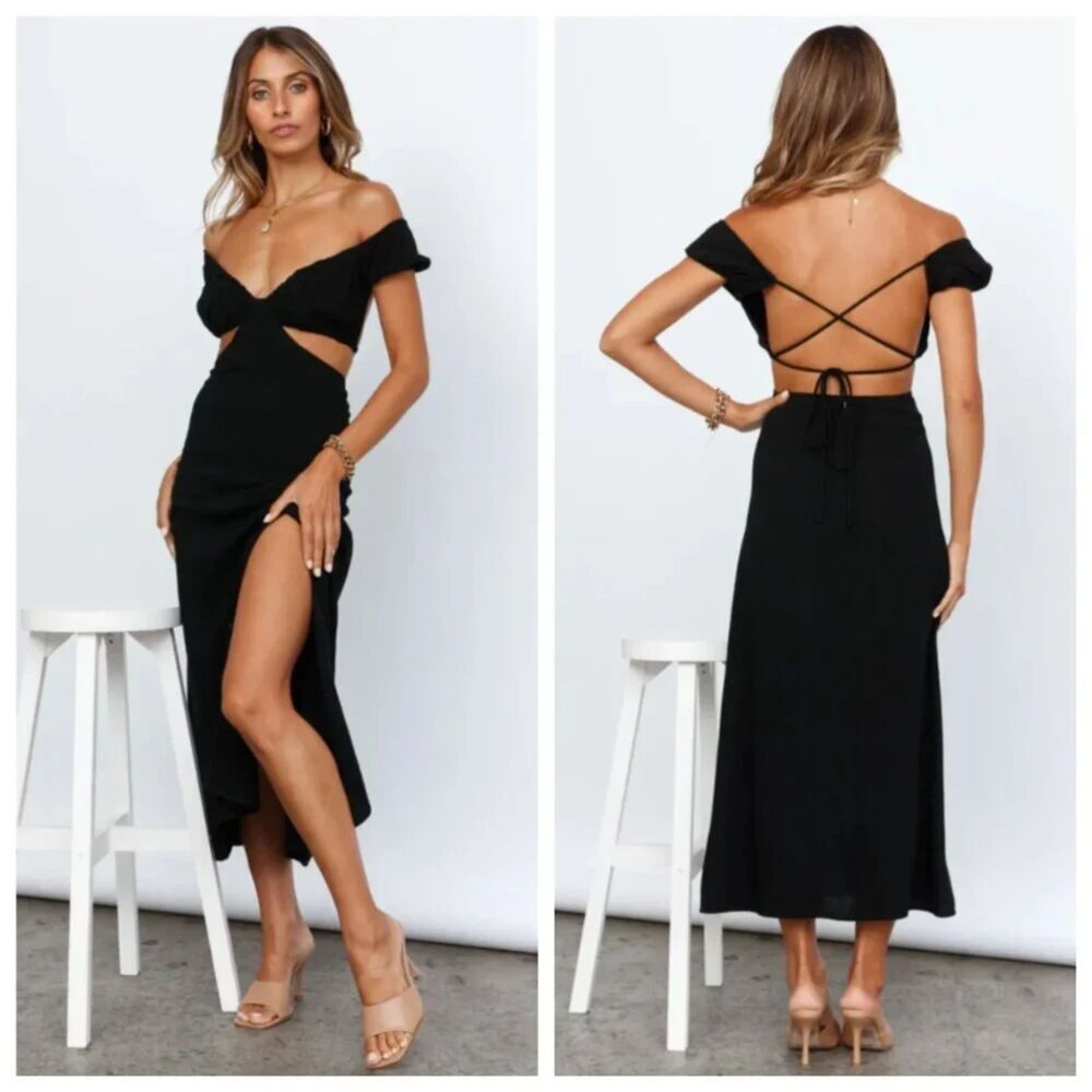NWT Hello Molly In Your Eyes Black Linen Cut Out Off Shoulder Maxi Dress US 6